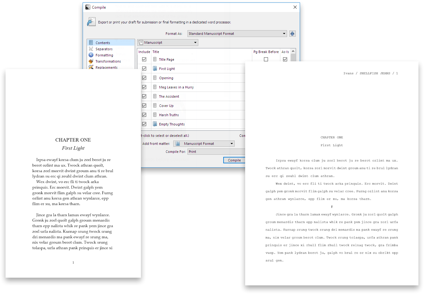 Print, Export and Publish in Scrivener